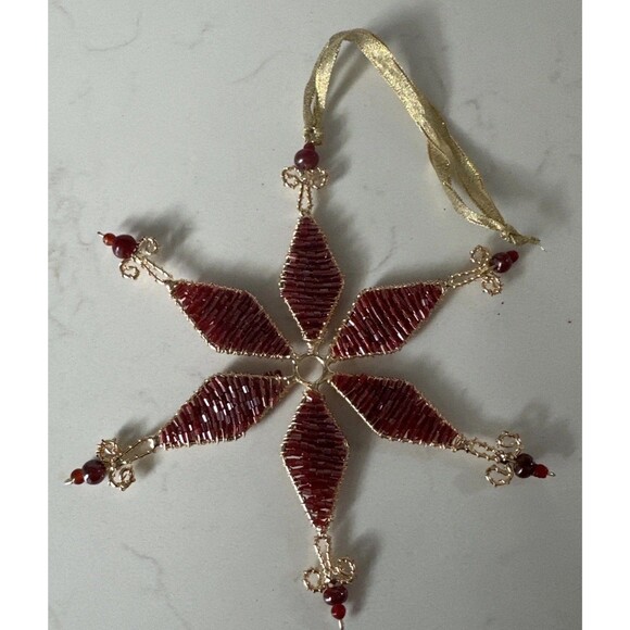 Czech Beaded Snowflake Christmas Ornament Red Bead Holiday Decor - Picture 1 of 10